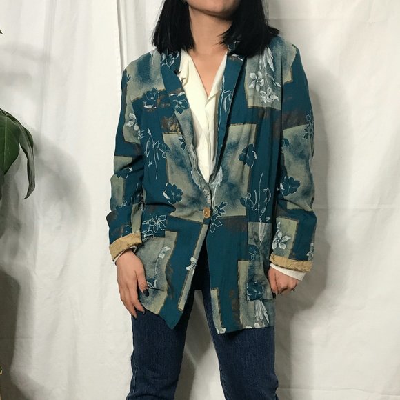 Vintage 1980s geometric floral blazer green medium - Picture 2 of 12